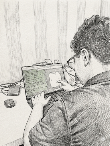 Reid coding at his laptop